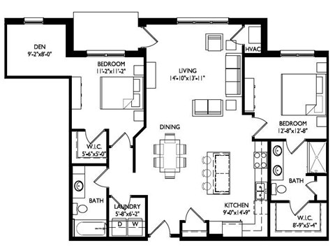 Floor plan for 2 beds, 2 baths, 1329 sqft